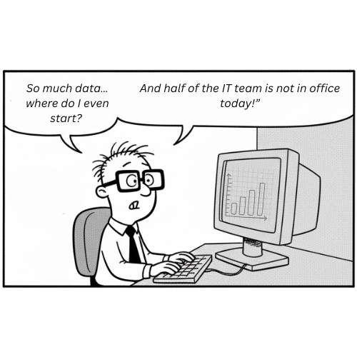 Image shows the business executive struggling to get meaning of some data and also realised that the IT team has left and no one to help extract data from SQL from the ERP